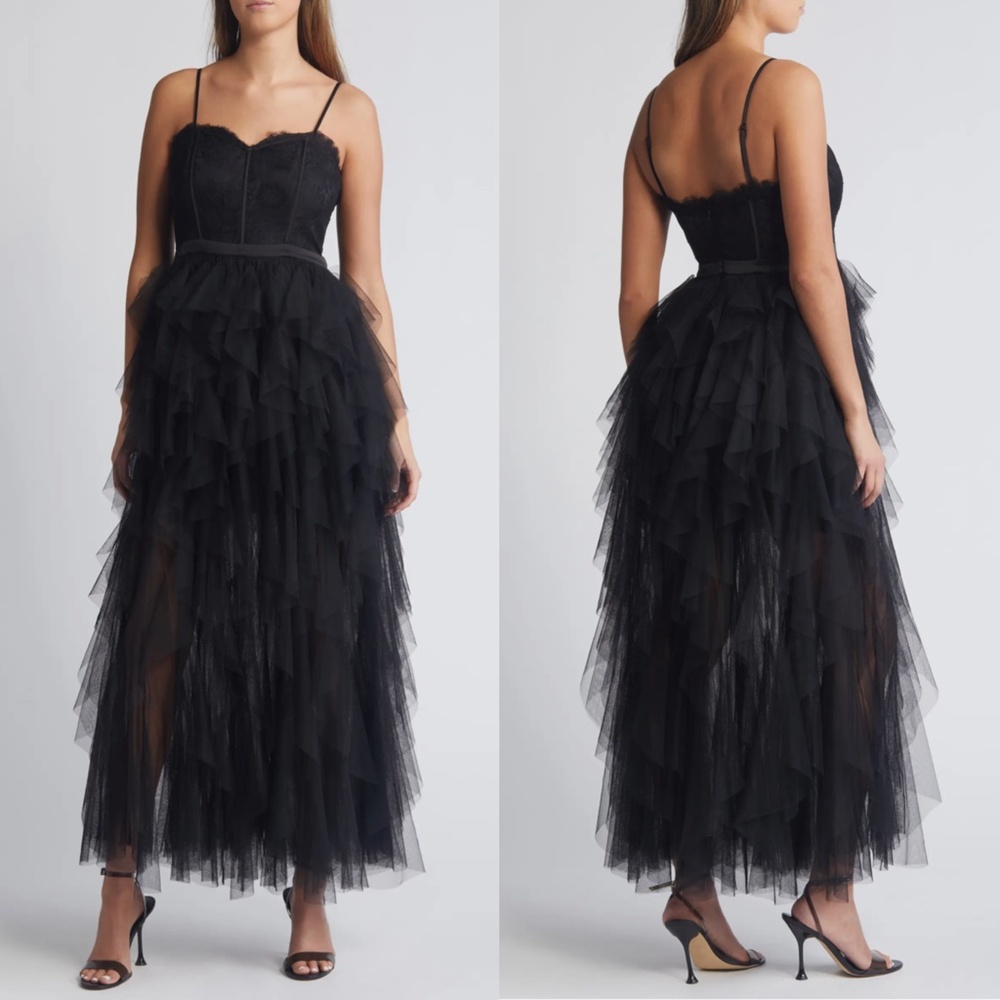 NEW CHELSEA28 Black SWEETHEART Corset LACE Bustier LAYERED TULLE Tiered GOWN XXL